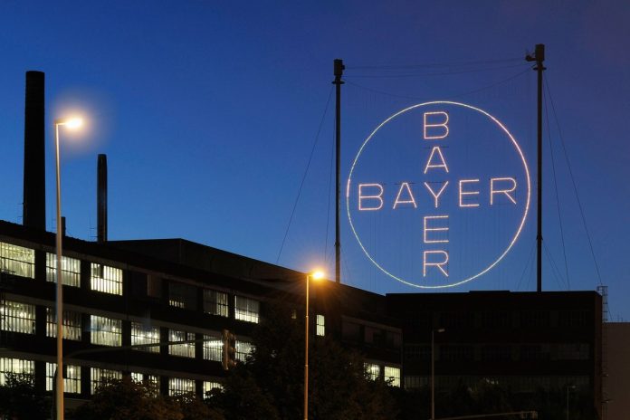 logo firmy Bayer na dachu budynku na tle nocnego nieba